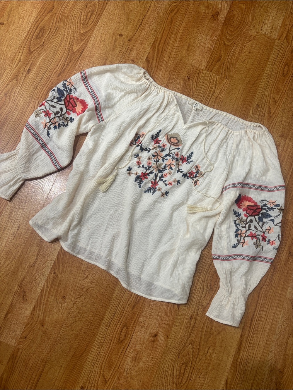 entro Ivory Peasant Blouse with Red & Navy Floral Embroidery